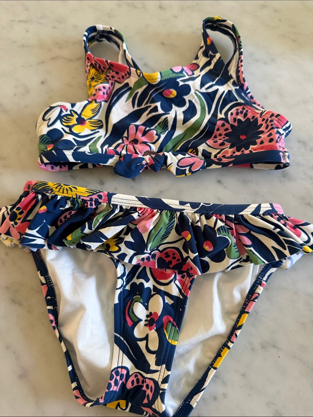 Roller Rabbit Girls Floral Ruffle Bikini - Navy, Pink, Yellow, Green
